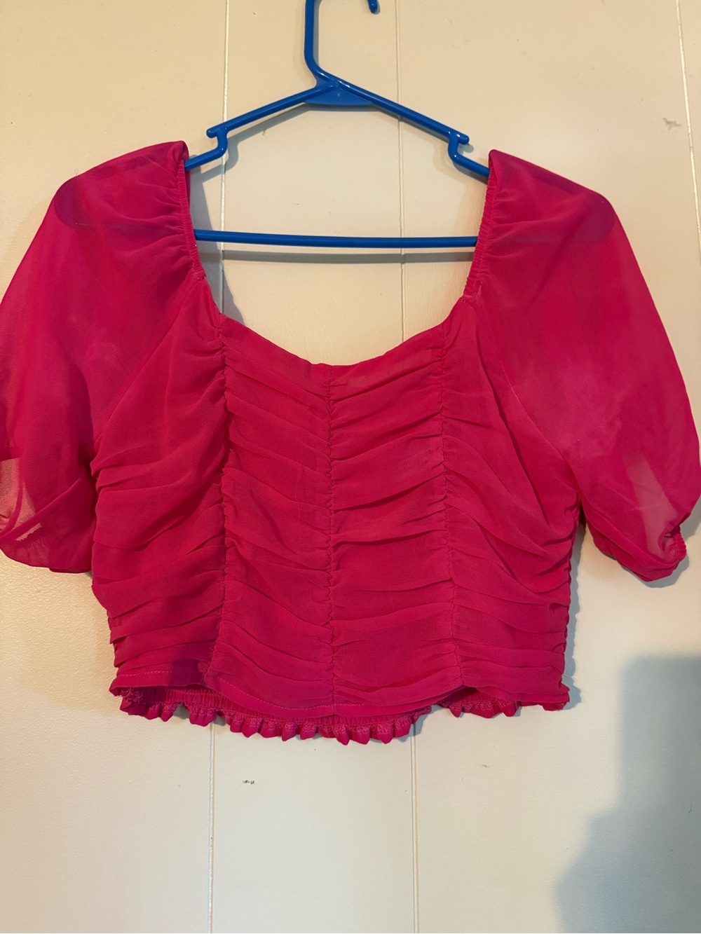 Altar'd State Hot Pink Ruched Puff-Sleeve Crop Top